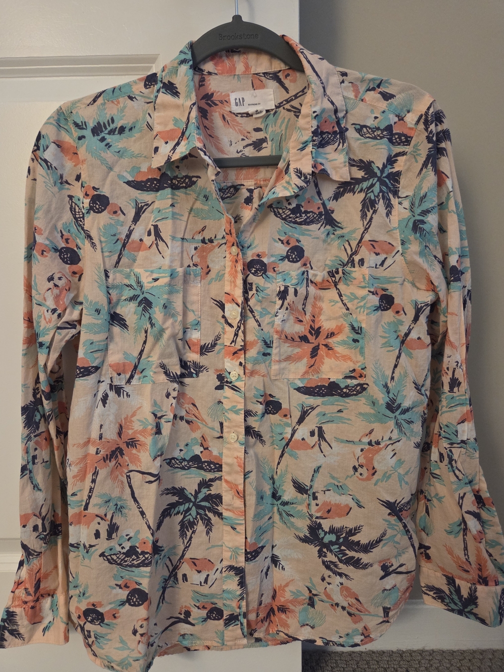 GAP Tropical Print Button-Up Shirt — Coral, Teal & Navy